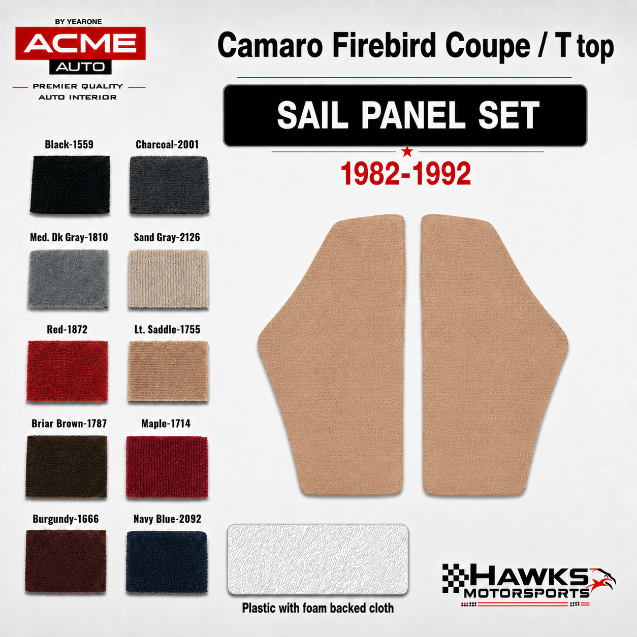 Hawks Motorsports released new replacement sail panels with plastic back bases for use on 1982-1992 F-bodies in nearly all factory colors. These plastic base back units are covered with the correct foam backed cloth.